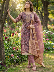 Pink Banarasi Organza Hand Work Kurta Set