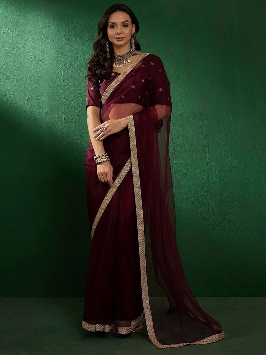 Burgundy Embroidered Sarees