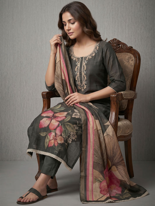 Black Simmer Print Cotton Linen Kurta Set