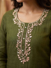 Green Simmer Print Cotton Linen Kurta Set
