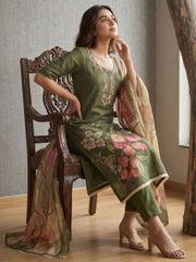 Green Simmer Print Cotton Linen Kurta Set