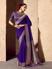 Stunning Purple Zari Weaving Georgette Wedding Wear Saree With Blouse