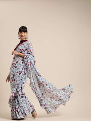 Grey & Burgundy Poly Georgette Printed Ruffled Saree