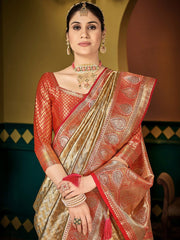 Women Gold Soft Silk Zari Woven Traditional Saree with Swaroski Diamonds