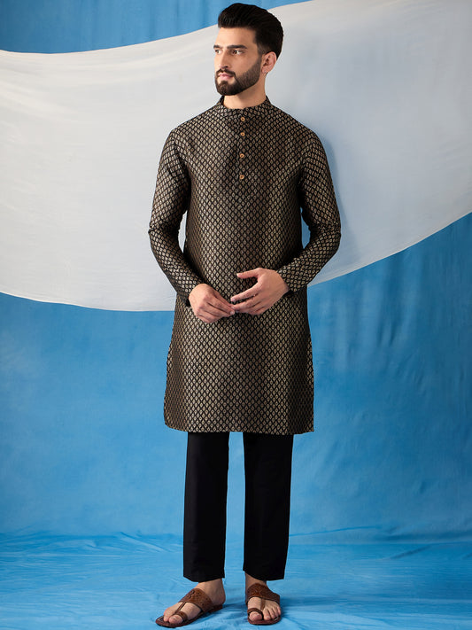 Ethnic Motifs Woven Design Jacquard Weave Stright Kurta With Trousers