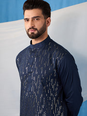 Geometric Embroidered Sequinned Mandarin Collar Stright Kurta With Trousers