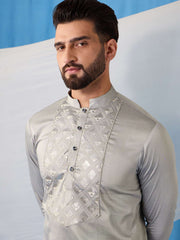 Geometric Yoke Design Thread Work and Sequined Straight Kurta With Trousers
