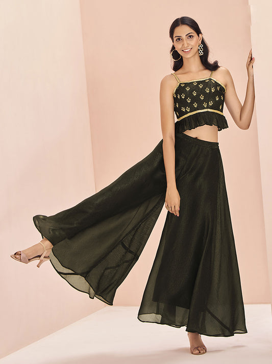 Stunning Black Embroidered Art Silk Designer Crop Top With Palazzo