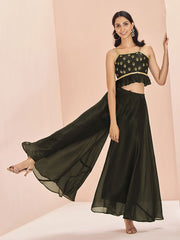 Stunning Black Embroidered Art Silk Designer Crop Top With Palazzo