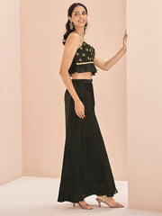 Stunning Black Embroidered Art Silk Designer Crop Top With Palazzo