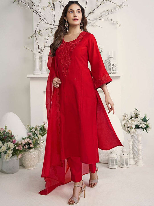 Amyra Dastur Red Floral Regular Thread Work Pure Silk Straight Kurta with Trousers & Dupatta