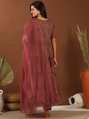 Maroon Floral Printed Tiered Kurta With Trousers & Dupatta