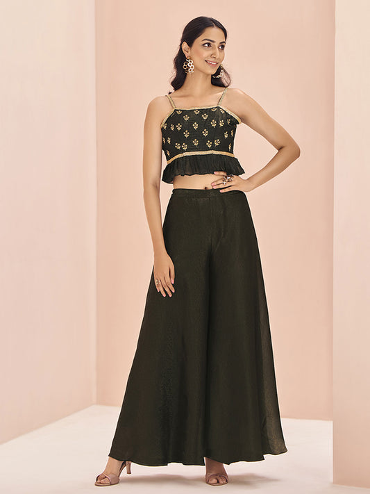 Stunning Black Embroidered Art Silk Designer Crop Top With Palazzo