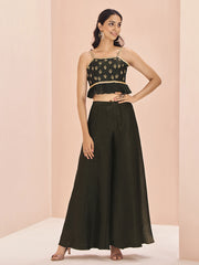 Stunning Black Embroidered Art Silk Designer Crop Top With Palazzo