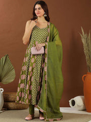 Women Green Floral Printed Empire Gotta Patti Pure Cotton Kurta with Trousers & With Dupatta