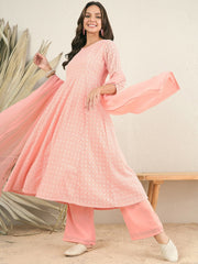 Peach Women Embroidered Regular Thread Work Kurta with Palazzos & With Dupatta