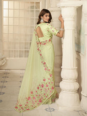 Green And Pink Floral Printed Sequinned Heavy Work Organza Saree