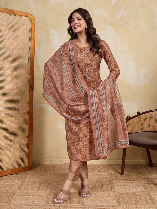 Women Ethnic Motifs Printed Regular Chanderi Cotton Kurta with Trousers & With Dupatta