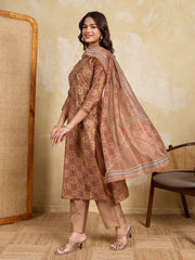 Women Ethnic Motifs Printed Regular Chanderi Cotton Kurta with Trousers & With Dupatta