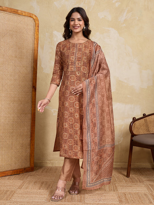 Women Ethnic Motifs Printed Regular Chanderi Cotton Kurta with Trousers & With Dupatta