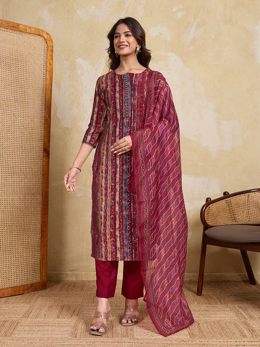 Women Printed Regular Chanderi Cotton Kurta with Trousers & With Dupatta