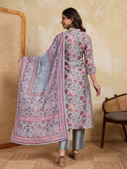 Women Floral Printed Regular Thread Work Chanderi Cotton Kurta with Trousers & With Dupatta
