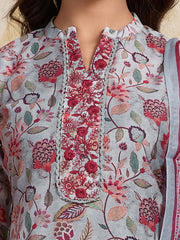 Women Floral Printed Regular Thread Work Chanderi Cotton Kurta with Trousers & With Dupatta