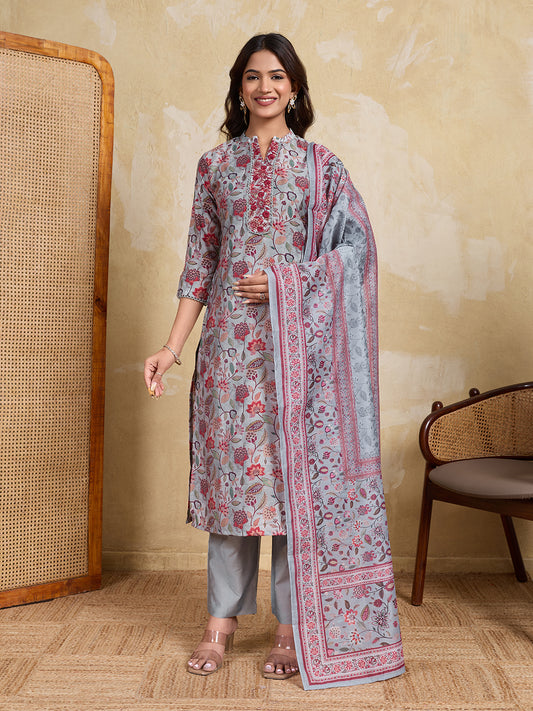 Women Floral Printed Regular Thread Work Chanderi Cotton Kurta with Trousers & With Dupatta
