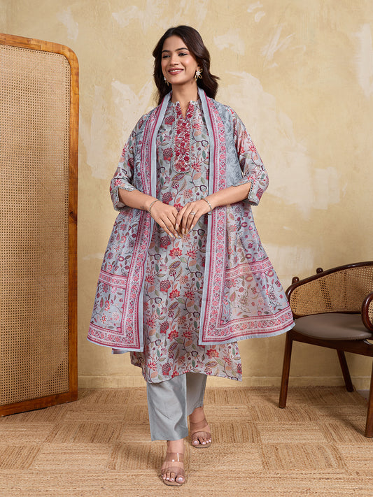 Women Floral Printed Regular Thread Work Chanderi Cotton Kurta with Trousers & With Dupatta