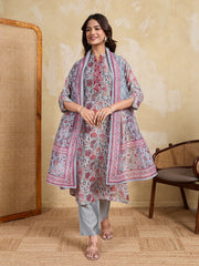 Women Floral Printed Regular Thread Work Chanderi Cotton Kurta with Trousers & With Dupatta