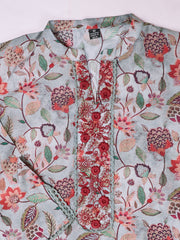 Women Floral Printed Regular Thread Work Chanderi Cotton Kurta with Trousers & With Dupatta