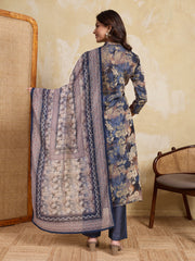 Women Floral Printed Regular Thread Work Chanderi Cotton Kurta with Trousers & With Dupatta