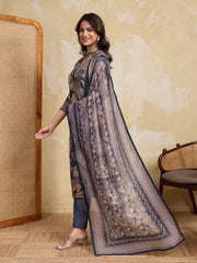Women Floral Printed Regular Thread Work Chanderi Cotton Kurta with Trousers & With Dupatta
