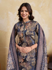 Women Floral Printed Regular Thread Work Chanderi Cotton Kurta with Trousers & With Dupatta