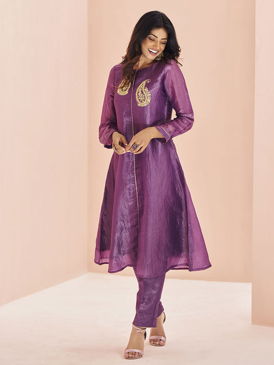 Astonishing Purple Embroidered Organza Event Wear Pant Suit