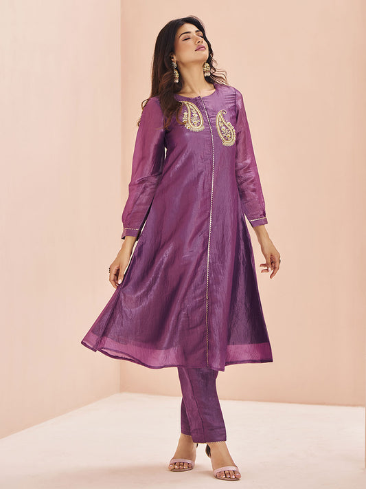 Astonishing Purple Embroidered Organza Event Wear Pant Suit