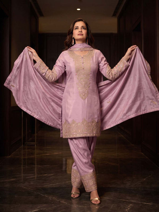 Shimmer Silk Pink Embroidered Farshi Style Salwar Suit