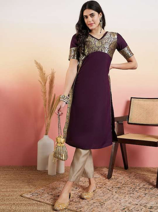 Purple Floral Brocade Woven Design A Line Kurta