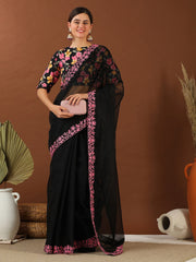 Black And Pink Embroidered Organza Saree