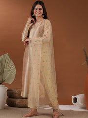 Beige Striped Embroidered Round Neck Thread Work Kurta with Trousers & With Dupatta