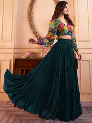 Green Printed V-Neck Cro Top With Long Flared Skirt Co-Ords