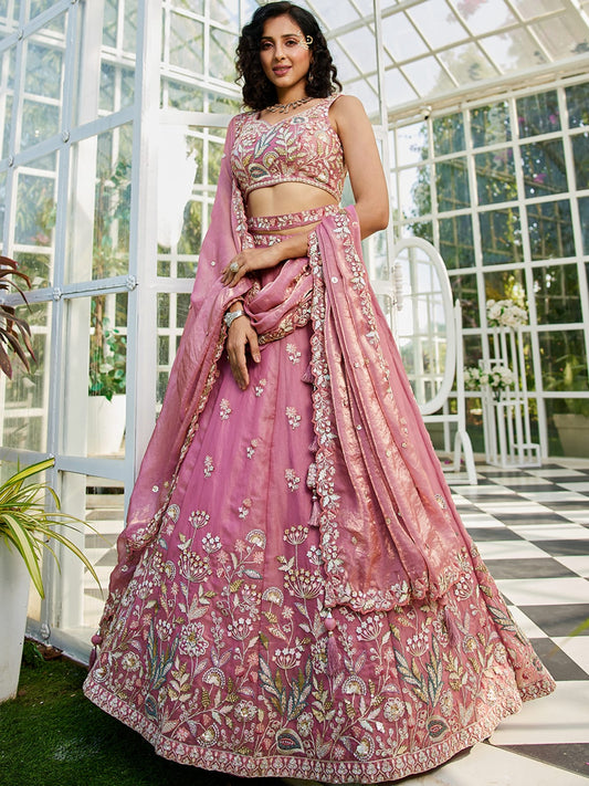 Pink colour Tissue Fabric with Sequinse and Thread embroidery Semi-Stitched Lehenga choli & Dupatta