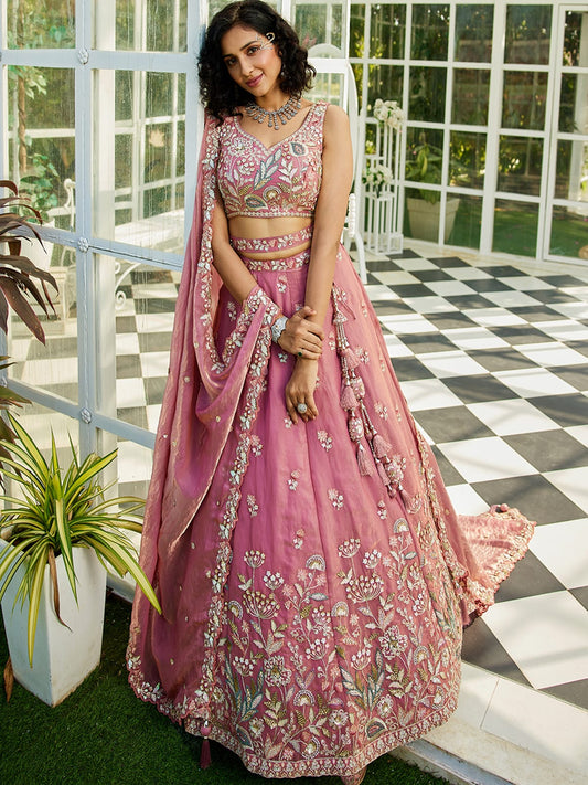 Pink colour Tissue Fabric with Sequinse and Thread embroidery Semi-Stitched Lehenga choli & Dupatta