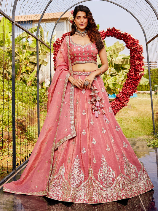 Pink colour Orange with Sequinse and Moti embroidery Semi-Stitched Lehenga choli & Dupatta