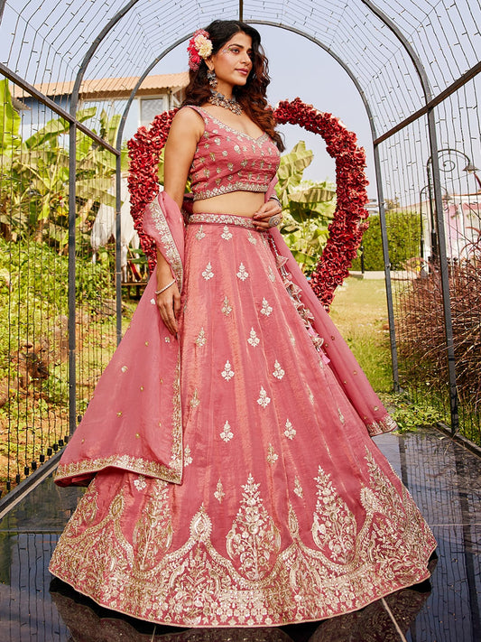 Pink colour Orange with Sequinse and Moti embroidery Semi-Stitched Lehenga choli & Dupatta