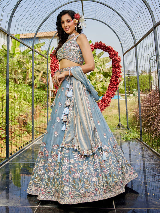Blue colour Tissue Fabric with Sequinse and Thread embroidery Semi-Stitched Lehenga choli & Dupatta