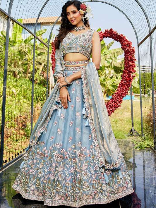 Blue colour Tissue Fabric with Sequinse and Thread embroidery Semi-Stitched Lehenga choli & Dupatta