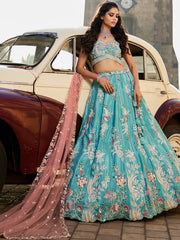 Turquoise blue Satin Silk Sequins embroidery Semi Stitched Lehenga choli and Dupatta