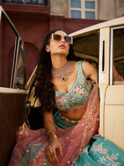 Turquoise blue Satin Silk Sequins embroidery Semi Stitched Lehenga choli and Dupatta