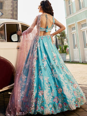 Turquoise blue Satin Silk Sequins embroidery Semi Stitched Lehenga choli and Dupatta